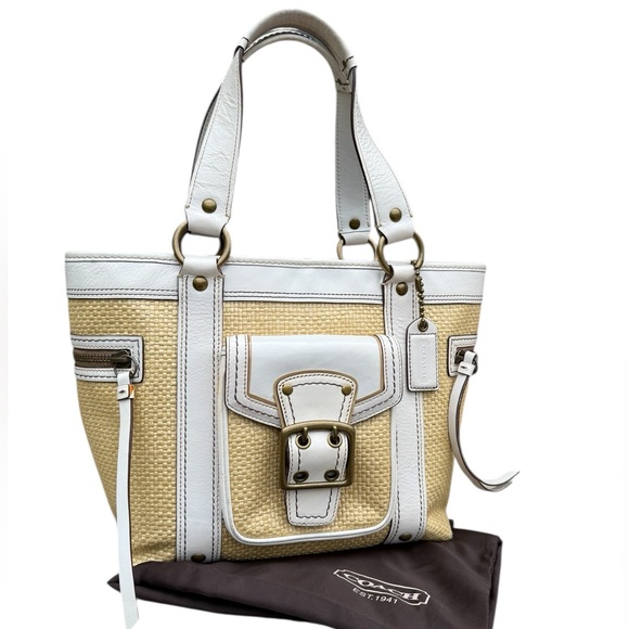 Coach Vintage Legacy Straw White Leather Tote Shoulder Bag Buckle Flap Y2K 2000s - Picture 1 of 12